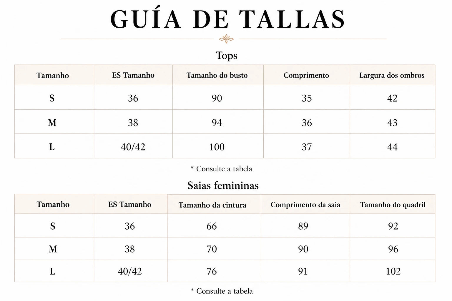 Guia de tallas Conjunto Formal Top y Falda Lápiz Elegante Minimalista