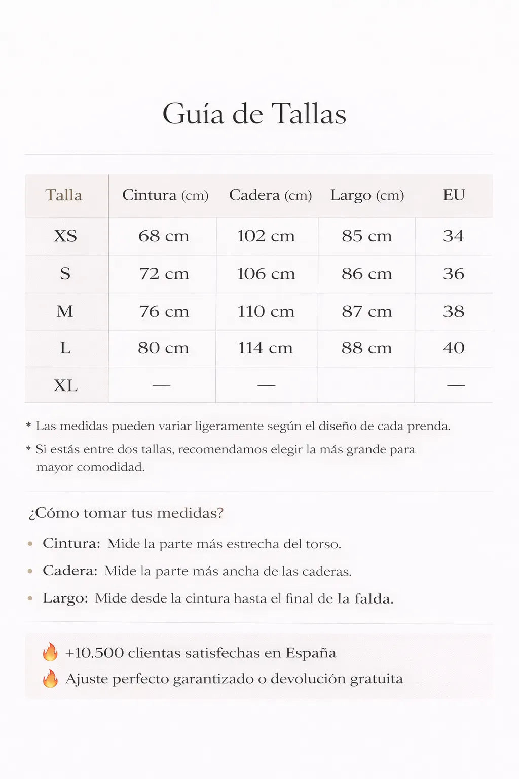 Guia de Tallas - Falda midi satinada de cintura alta para mujer – falda elegante minimalista estilo sofisticado