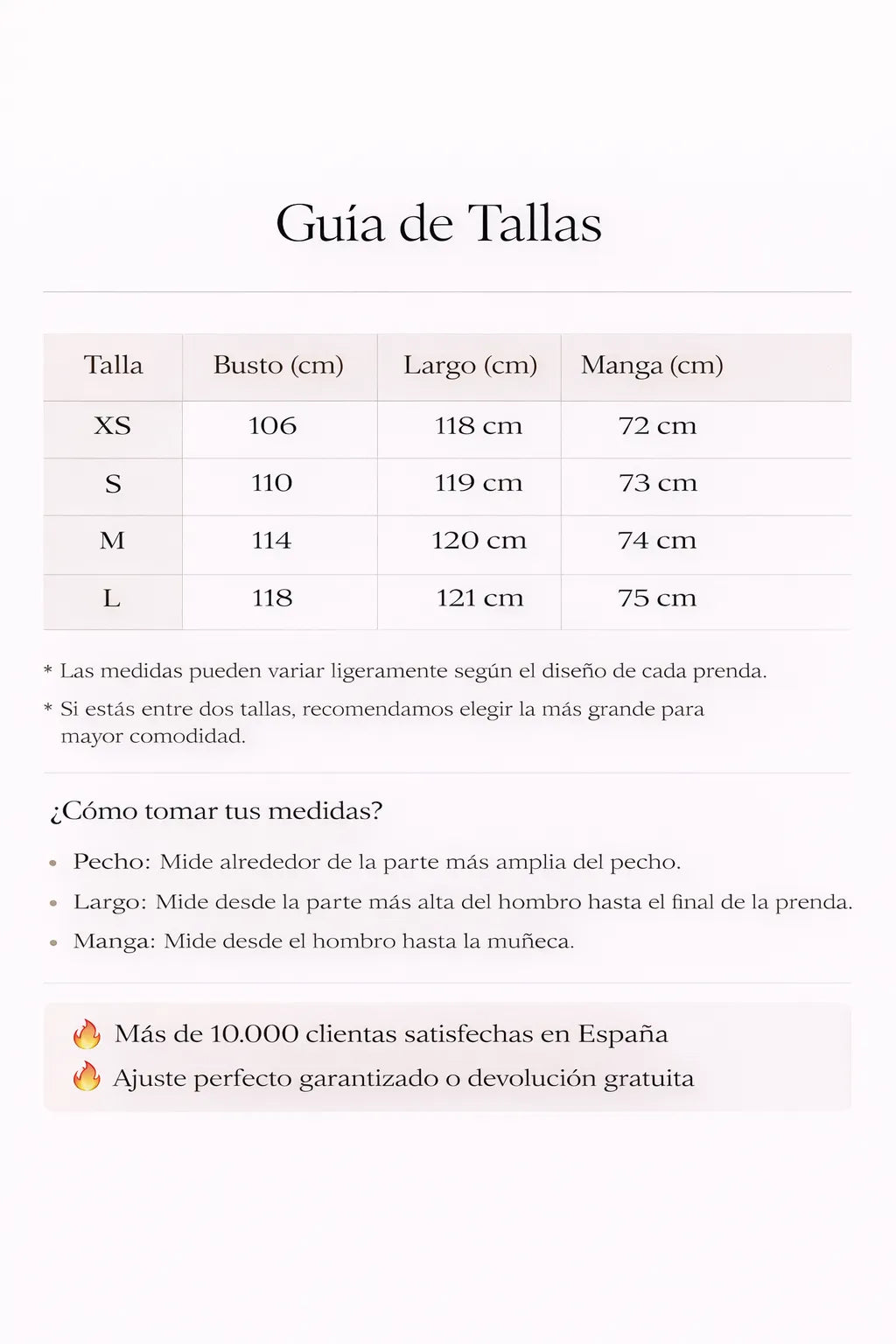 Guia de Tallas Gabardina Isabella Clásica con Cinturón