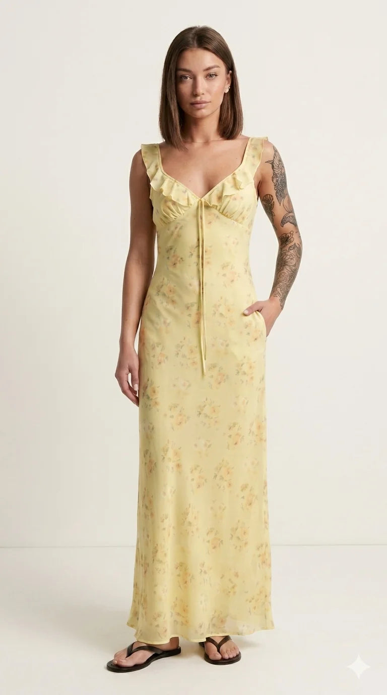 Vestido Firenze Midi Floral Escote V Volantes Elegante Minimalista (2)