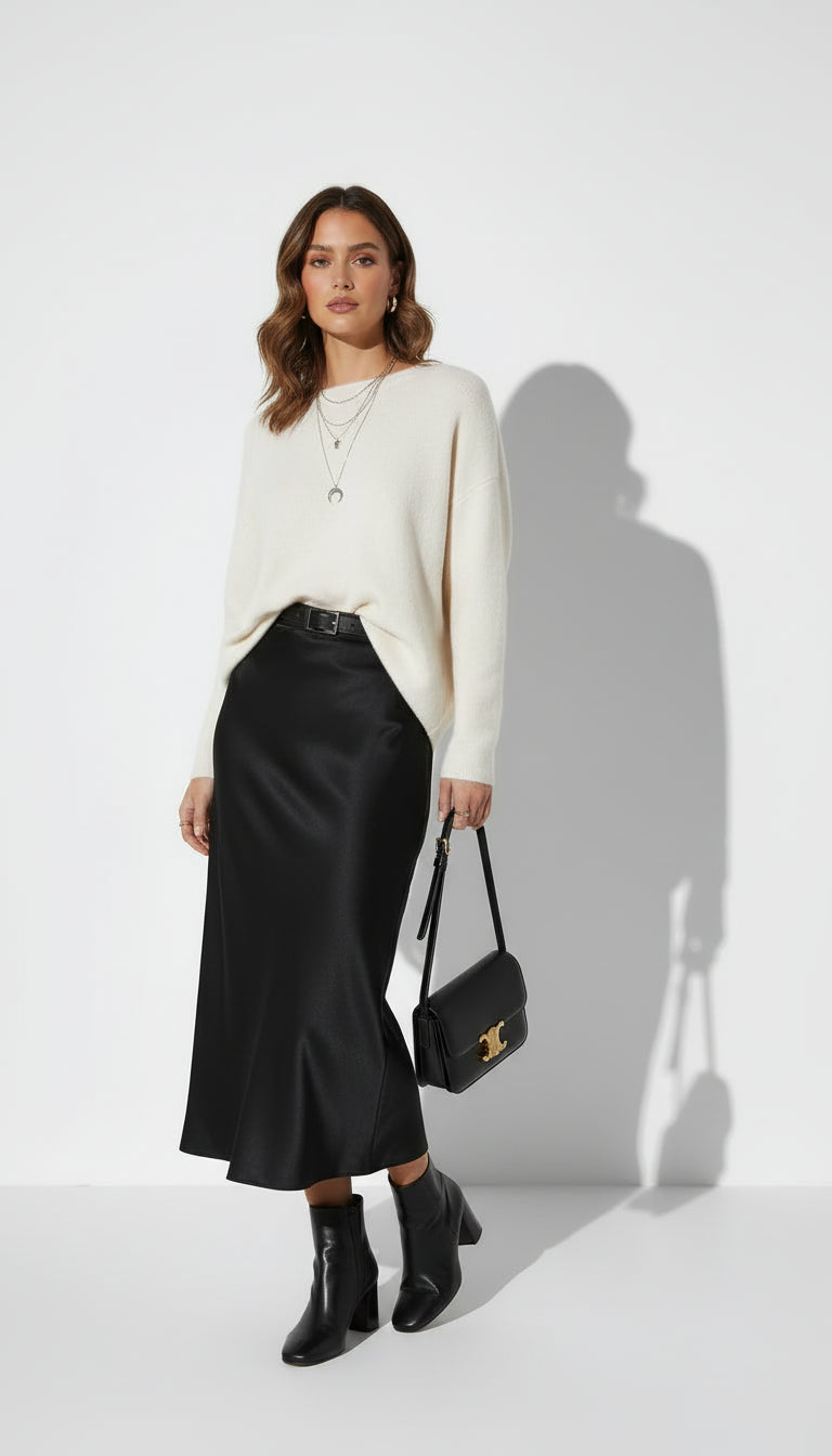 Falda midi satinada de cintura alta en negro - AhorroExpress