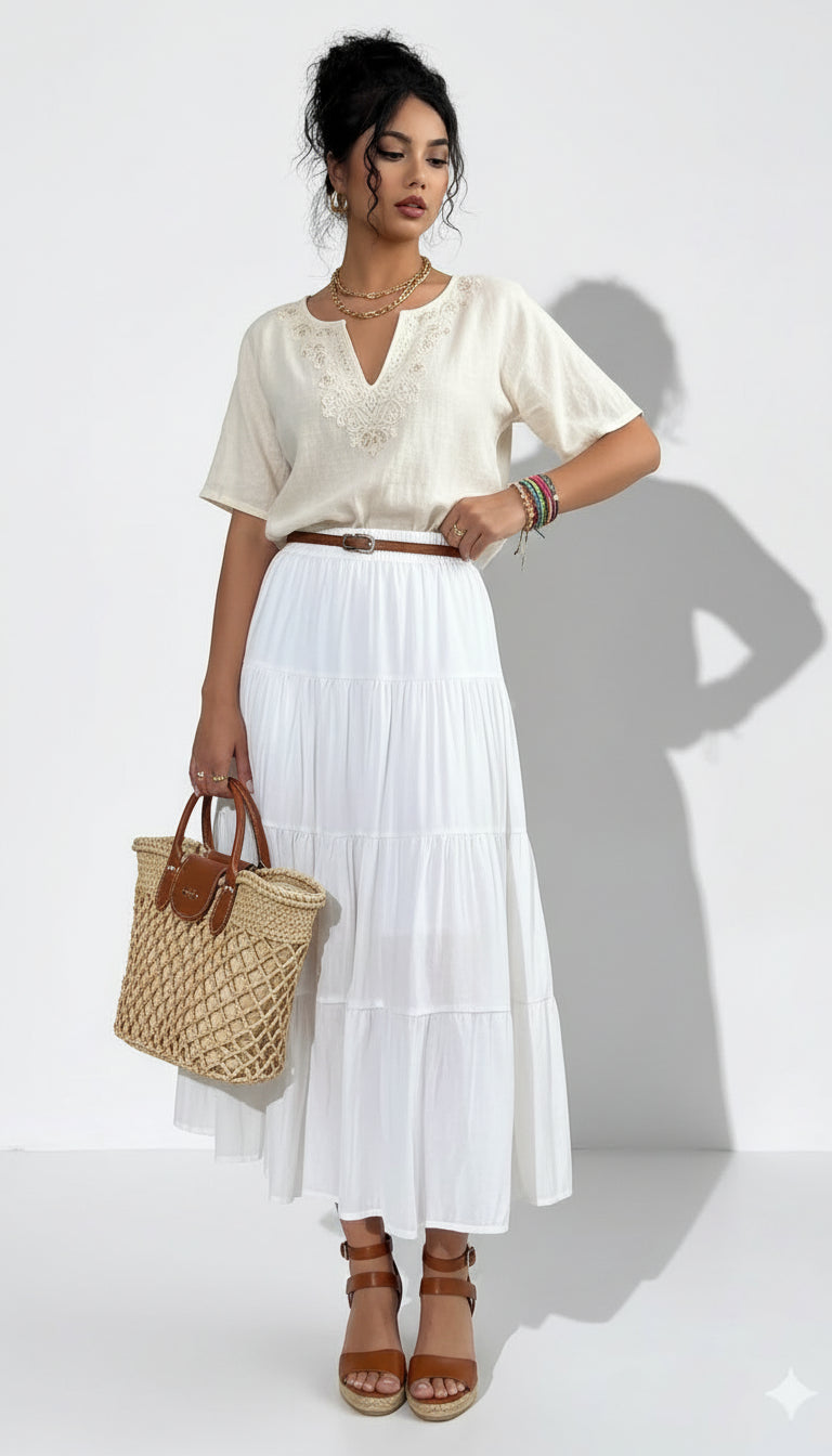Vestido midi fluido de cintura alta en blanco - AhorroExpress