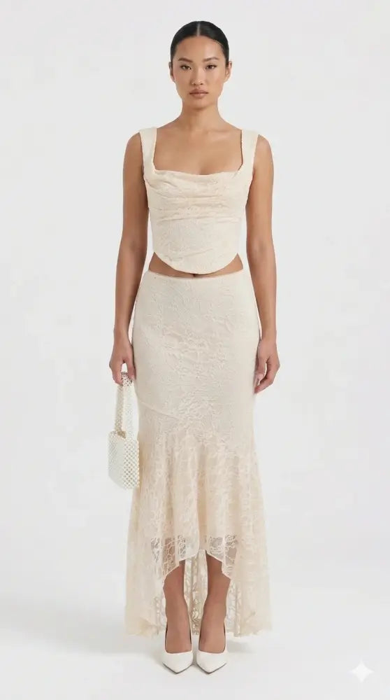 Conjunto Firenze Encaje Top y Falda Midi Elegante Minimalista | AhorroExpress