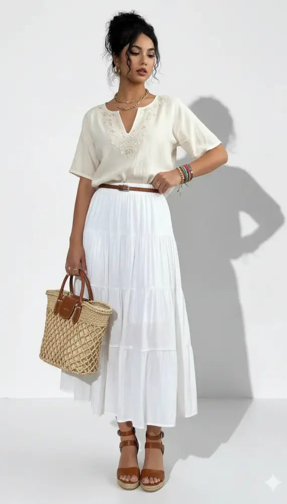 Falda Midi Fluida de Cintura Alta