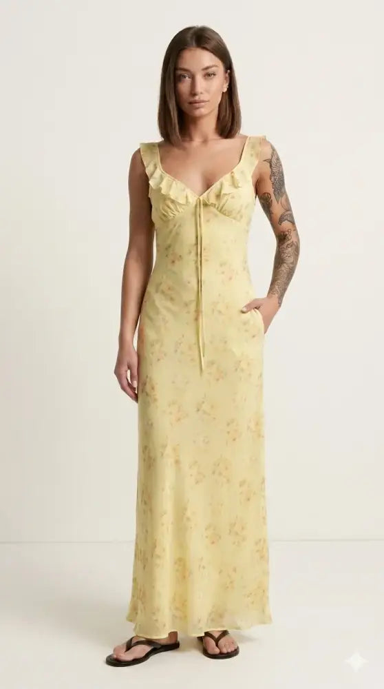 Vestido Firenze Midi Floral Escote V Volantes Elegante Minimalista | AhorroExpress (foto 2)