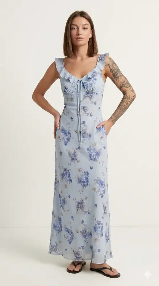 Vestido Firenze Midi Floral Escote V Volantes Elegante Minimalista | AhorroExpress